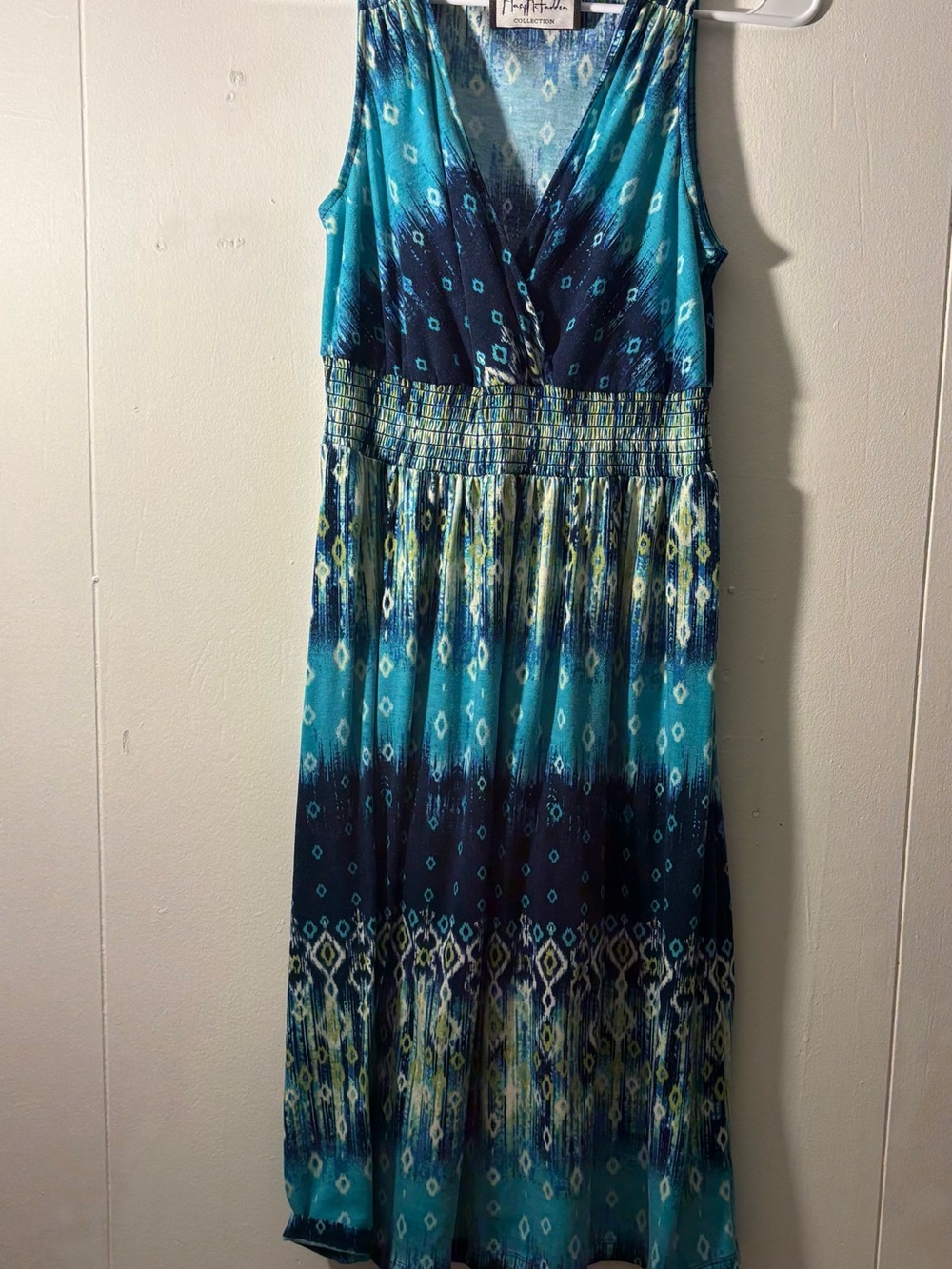 Mary McFadden Teal and Navy Ikat Maxi Dress